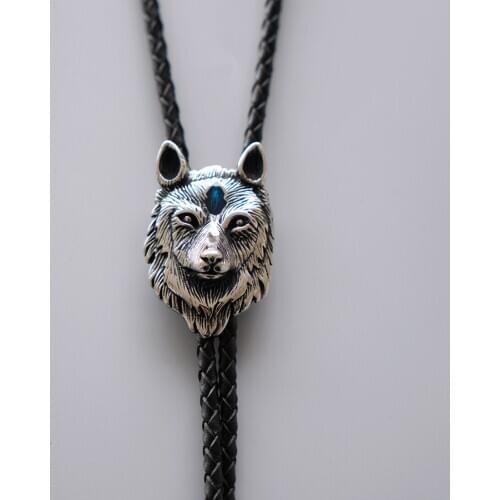 New Vintage Style Stainless Steel Enamel Wolf Bolo Tie Leather Necklace