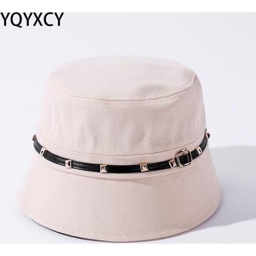 Bucket Hat Women Summer Spring Belt Rivet Chain Fisherman Cap Simple Fashion Folding Sunshade Sun Hat Female Gorro Bob New 2021