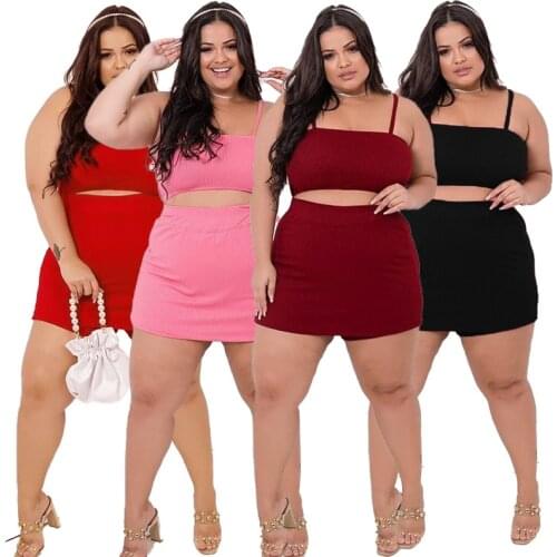 Plus Size Women Sexy Clubwear Two Pieces 2021 Summer Charming High Waist Bodycon Skirts + Sleeveless Spaghetti Strap Tops Sets