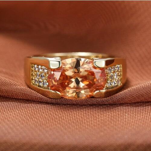 Luxury Female Champagne Crystal Stone Ring Yellow Gold Color Thin Wedding Rings For Women Big Oval Zircon Engagement Ring