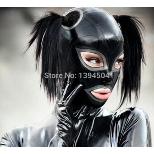 Sexy exotic unisex Women Latex Mask hoods Hood Fetish Rubber Pull-through Holes For pigtail Hair Plus Size customize service