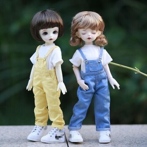 BJD doll suit for 1/6 simple matching round neck T with jeans pocket suspenders casual daily wear blue white and yellow suit