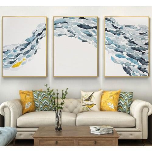 School of Fish Blue Watercolor Decor Nordic Poster Print Minimalist Wall Art Canvas Painting Picture Living Room Home Decor