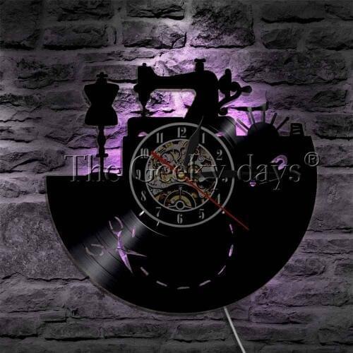 Sewing Machine Clothes Store Vinyl Record Wall Clock LED Night Lamp Tailors Sewing Tools Modern Design Home Decor