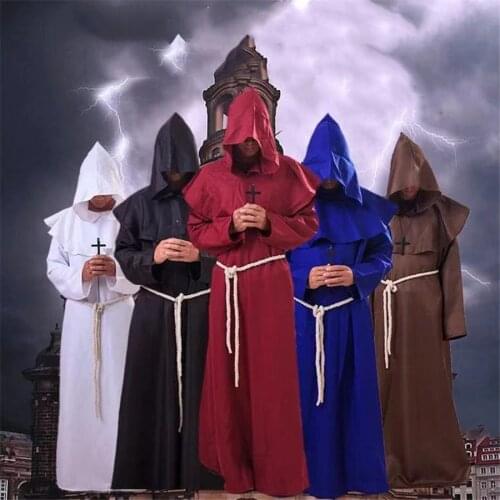Medieval Monk Clergy Plauge Doctor Costume Gown Robe For Adult Men Priest Hood Cowl Cape Christian Cloak Halloween Outfit Show