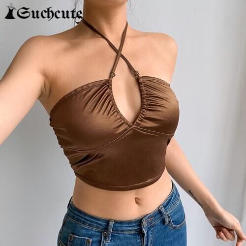 SUCHCUTE Summer Sexy V-Neck Halter Tops For Women Party Clubwear Satin Crop Top 2021 Basic Casual Streetwear Skinny Tops