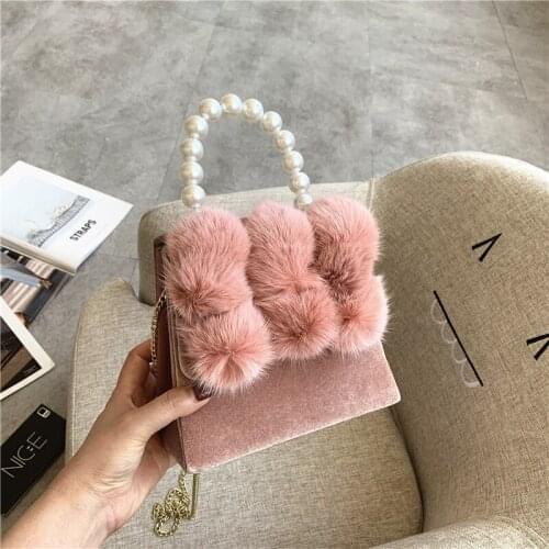 Pearl Handle Handbags For Women Bags Velvet Shoulder Bag Lady Rabbit Fur Bush Messenger Bag Women Chic