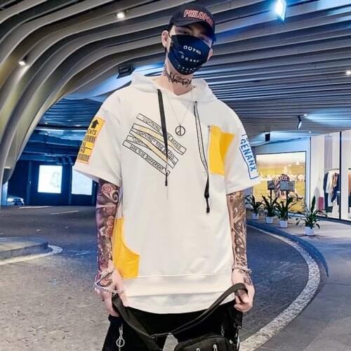 Fashion Mens Hooodies Korean Style Streetwear Short Sleeve Hooded Sweatshirts Men Casual Harajuku Prints Men Clothing Hoodies