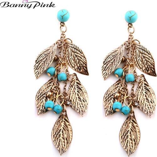 Banny Pink Vintage Alloy Leaf Tassel Studs Earrings For Women Ethnic Synthetic Stone Long Pendant Post Earrings Fashion Jewelry