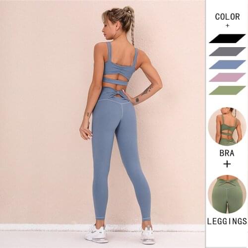 Women Fashion Sexy Solid Bow Set Gym Shockproof Sports Tank Top+Booty Lifting Leggings Running Workout Training Suit Clothes