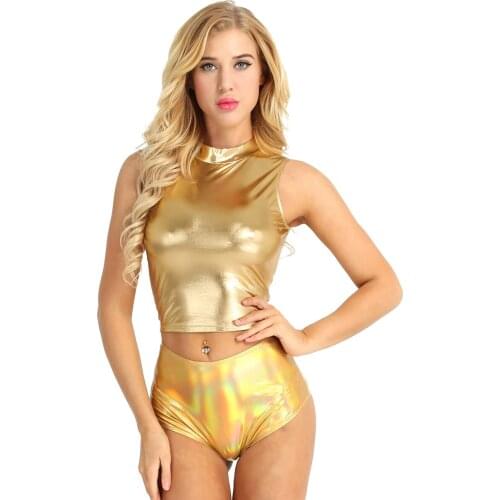 Women 2021 Sexy Hot Set Goth Club Dance Wear Latex Metallic Shiny Pole Dance Wear Sleeveless Cropped Tops Back Zip Empire Shorts