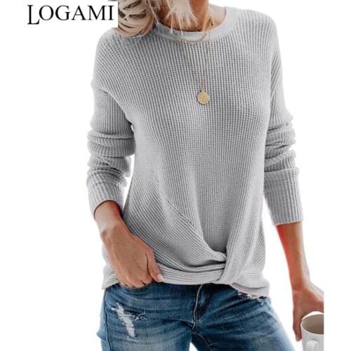 LOGAMI O Neck Long Sleeve Womens Slim Knit Sweater Autumn Winter Casual Pullover Jumper 2020 New