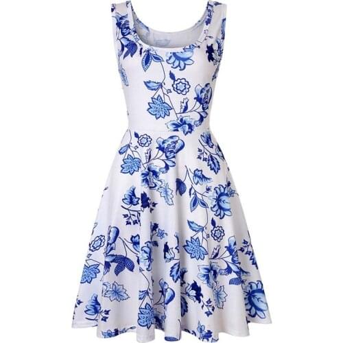 Female Chic Fashion Blue Flower Print Vintage O-neck Sleeveless Spaghetti Strap Pullover A-line Knitting Dresses