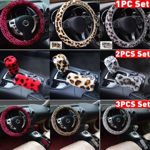 15 Inch Universal Soft Plush Car Steering Wheel Covers Dish Sets Leopard Pattern Winter Steering Wheel Car Interior Accessories