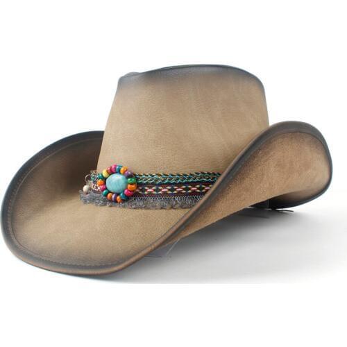 2019 Womens Mens Winter Leather Cowboy Western Cowgirl Fedora Hat Tassel Turquoise Bead Leather Band