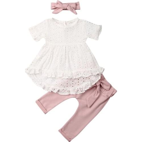 Pudcoco 3Pcs 0-24M Baby Girl Clothes Lace Short Sleeve Top Kid T-Shirt+Pants Trousers+Headband Set Newborn Bowknot Outfit