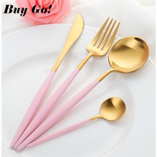 4PCS Luxury Korean Dinnerware Set Golden Cutlery Set 18/10 Stainless Steel Frost Knives Forks Set Tablespoons Wedding Tableware