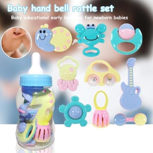 9Pcs/Set Delicate Baby Rattles Educational Smooth Handle Plastic Cute Cartoon Hand Grip Soft Shaking Rattles for Infant