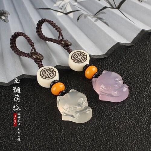 Antique Wang Peach Blossom Little Fox Phone Chain Keychain Pendant Natural Chalcedony U Disk Pendant Female Ornament