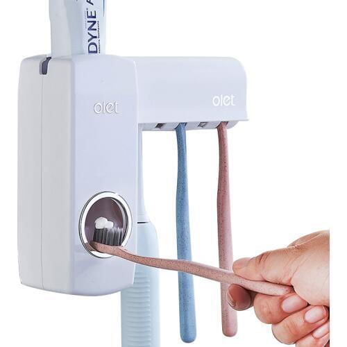 1 Set Creative Automatic Toothpaste Dispenser with Toothbrush Holder Bathroom Water Resistant Sticky Toothpaste Squeezer