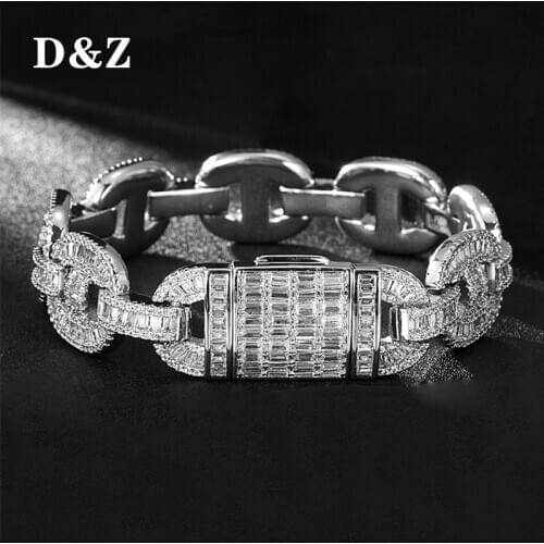 D&Z Baguette Zircon Miami Cuban Link Bracelet 17mm Long Box Clasp Cuban Link Bracelet Charm Gold Silver Plated Hip Hop Jewelry