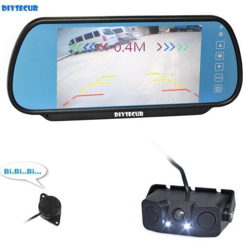 DIYSECUR Video Parking System 7" Car Rear View Mirror Monitor Waterproof Parking Radar Sensor Rear View Car Camera