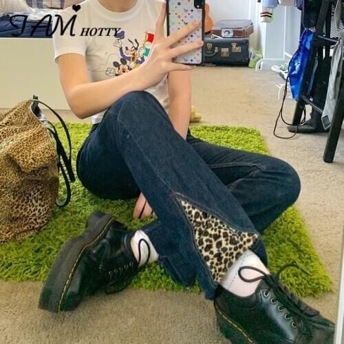 Split Patchwork Leopard Boot Cut Jeans Women Fashion High Waist Bofriend Mom Baggy Denim Classic Biker Wide Y2K Pants Iamhotty