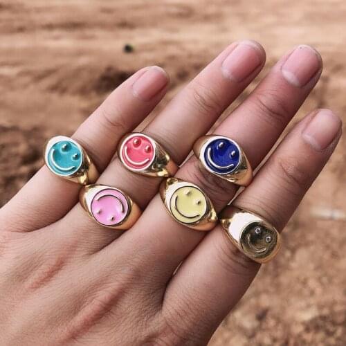 Trendy New Candy Color Smiley Face Rings For Women 18K Gold Plated Enamel Round Smile Face Rings Couple Jewelry Gift