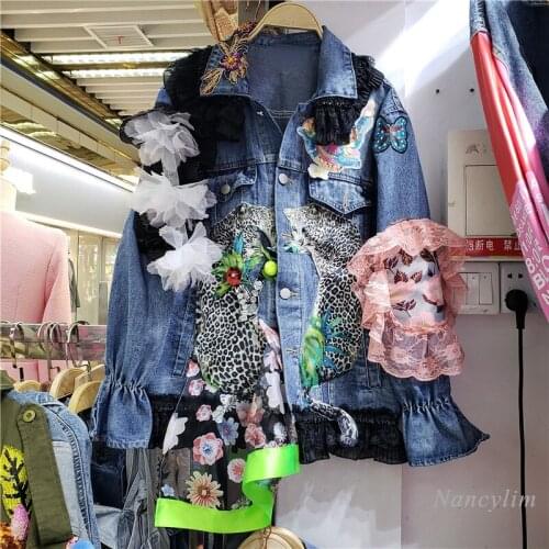 High Street Denim Jacket Women Spring Fall New European and American Wind Heavy Industry Stitching Mesh Loose Jean Coat Street