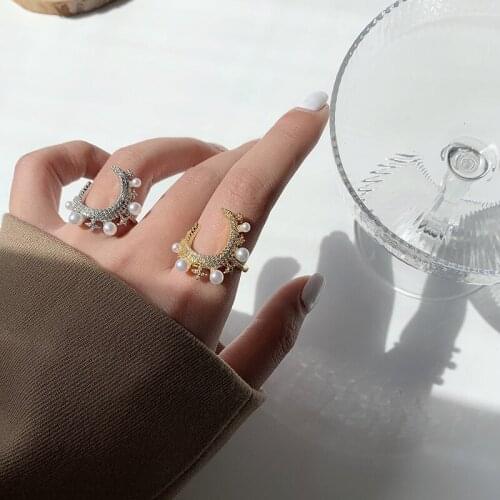 Minar Luxury Imitation Pearl Star and Moon Charm Rings for Women 2021 Gold Silver Color Alloy Bling Rhinestones Open Ring Gifts