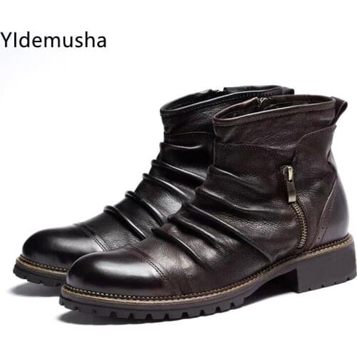 Autumn Luxury Chelsea Boots PU Leather Mens Ankle Boots High Upper Zipper Brown Black Shoes Winter Round Toe Basic Men Boots