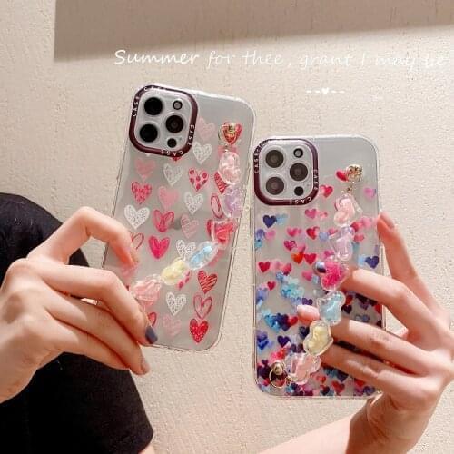 Cute Love Heart Soft Phone Bracelet Case For Xiaomi Redmi Note 10 9 S 8 7 9T 9A 9C Mi 11 10T Pro Max Candy Color Clear Cover