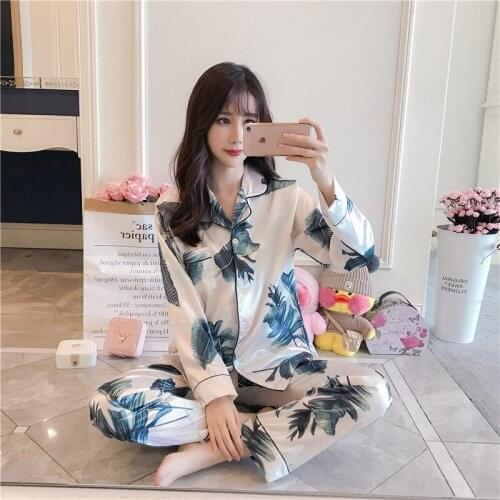 Pajamas For Women Ice Silk Pajama Sets Long Sleeve Trousers Pyjamas Women Summer Autumn Plus Size Sleepwear Pantsuits Home Suit