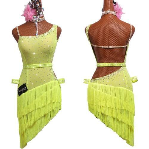 Latin Dance Dress Suit Tassel Dress Female Adult ChildrenS Competition Dress Dance Outfit Party Fluorescent Yellow Dress Latin