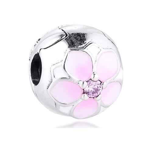 Authentic 925 Sterling Silver Pink CZ Bloom Clip Charms Fits Pandora Bracelet Charmsy Stopper Beads DIY Jewelry Making Kralen