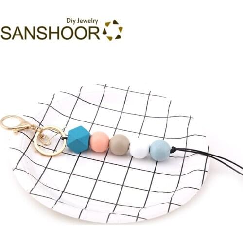 SANSHOOR Geometric Round Beads KeyChain Set With 15-20cm Black Leather Rope Chain Handmade Jewelry For Women Christmas Gift 1Pcs