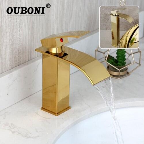 OUBONI Golden Polish Bathroom Basin Sink Mixer Tap Faucet Solid Brass Wash Tap Gold Plated Waterfall Spout Bathroom Mixer Faucet