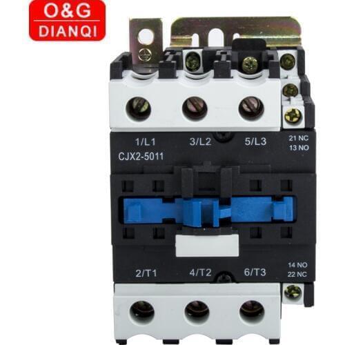 50A CJX2-5011 5001 AC Contactor 3Phase 3-Pole NO Coil Voltage 380V 220V 24V 50Hz Din Rail Mounted 3P+1NO Normal Open Contactor
