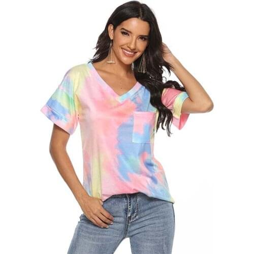 Summer Casual Tie-dye T-shirt Women V-neck Short Sleeve Tops Fresh And Sweet Streetwear Ladies Plus Size Tee Shirts