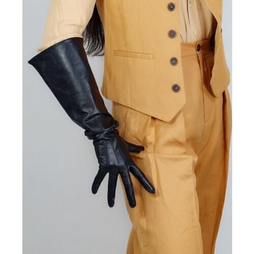 Touchscreen Real Leather Long Gloves Female 50cm Big Sleeve Wide Cuffs Puff Sleeve Black Women Sheepskin Leather Gloves WZP48