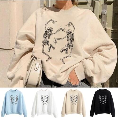 Women Casual Skull Print Tops Long Sleeve Pullover Shirt Sweatshirt Loose Tops Comfy Fashion Daily Sweatshirt Moletom Feminino