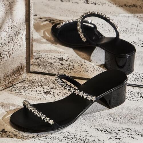 New 2020 Women Summer Slippers Square High Heels Bling Rhinestone Black Outside Beach Flat Slides Sandalias De Las Mujeres