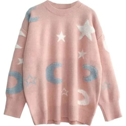 Cute Moon Stars Knitted Sweater Women 2020 Autumn Winter Long Sleeve Women Casual Pullover Hot Sale Korean Knitted Jumper Female