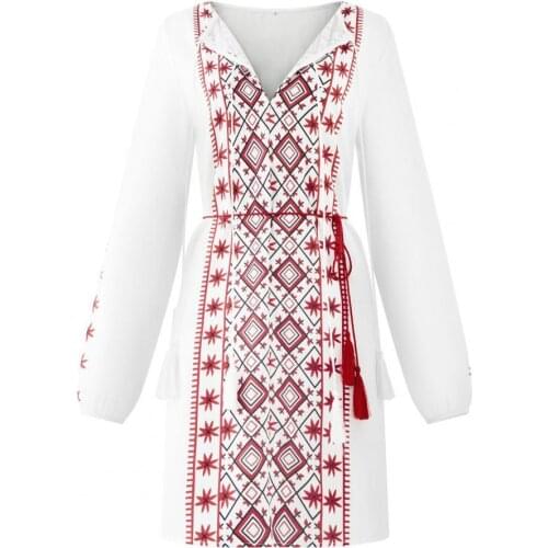 New Stylish Women Ethnic Style Loose 3/4 Sleeve V-neck Mini Bandage Dress Streetwear for Outdoor Clothing