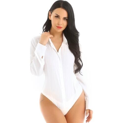 Women Long Sleeve Casual Bodysuit Elegant for Business Office Lady Stretch Leotard Body Tops Turn-down Collar Shirt Plus Size