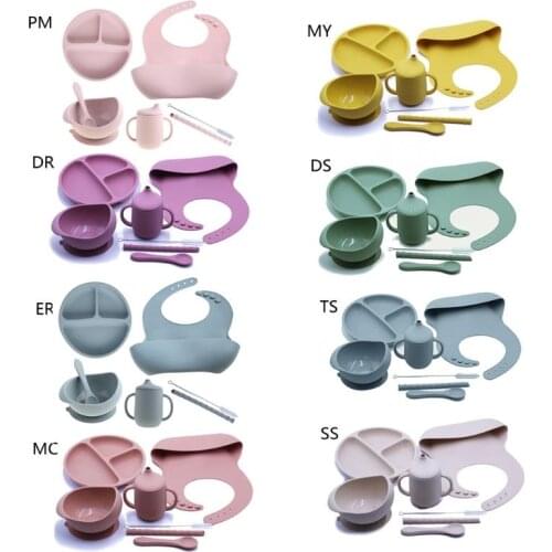 1 Set Baby Silicone Bowl Bibs Set Non-slip Childrens Suction Plate Silicone Spoon Bibs Dishes Baby Feeding Tableware