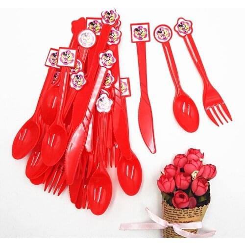 10pcs Minnie Plastic Knives +10pcs Forks + 10pcs Spoons Birthday Party Decoration For Kids Birthday Party Supplies Minnie Mouse
