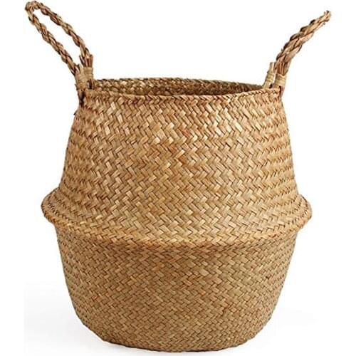 Free Shipping Hand-woven Straw Storage Basket Wicker Rattan Belly Panier Rangement Folding Environmental Osier Cestas Mimbre