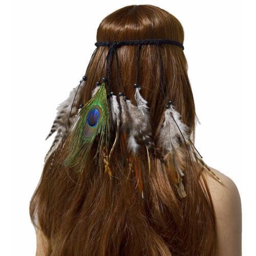 Boho India Handmade Peacock Feather Headband Ethnic Gypsy Ball Hair Rope Hippie Hairband Adjustable Halloween Clip Hair Jewelry