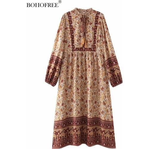 Age Reduction Loose Plus Size Womens Clothing Long-sleeved Printed Rayon Cotton Holiday Casual Dress Round Neck Lacing Dress